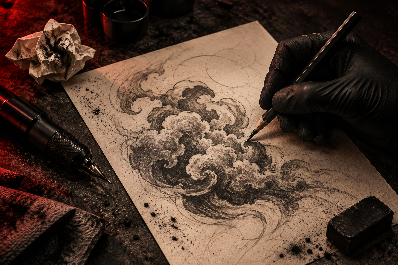 AI campaign artwork of a gloved hand drawing a cloud tattoo concept
